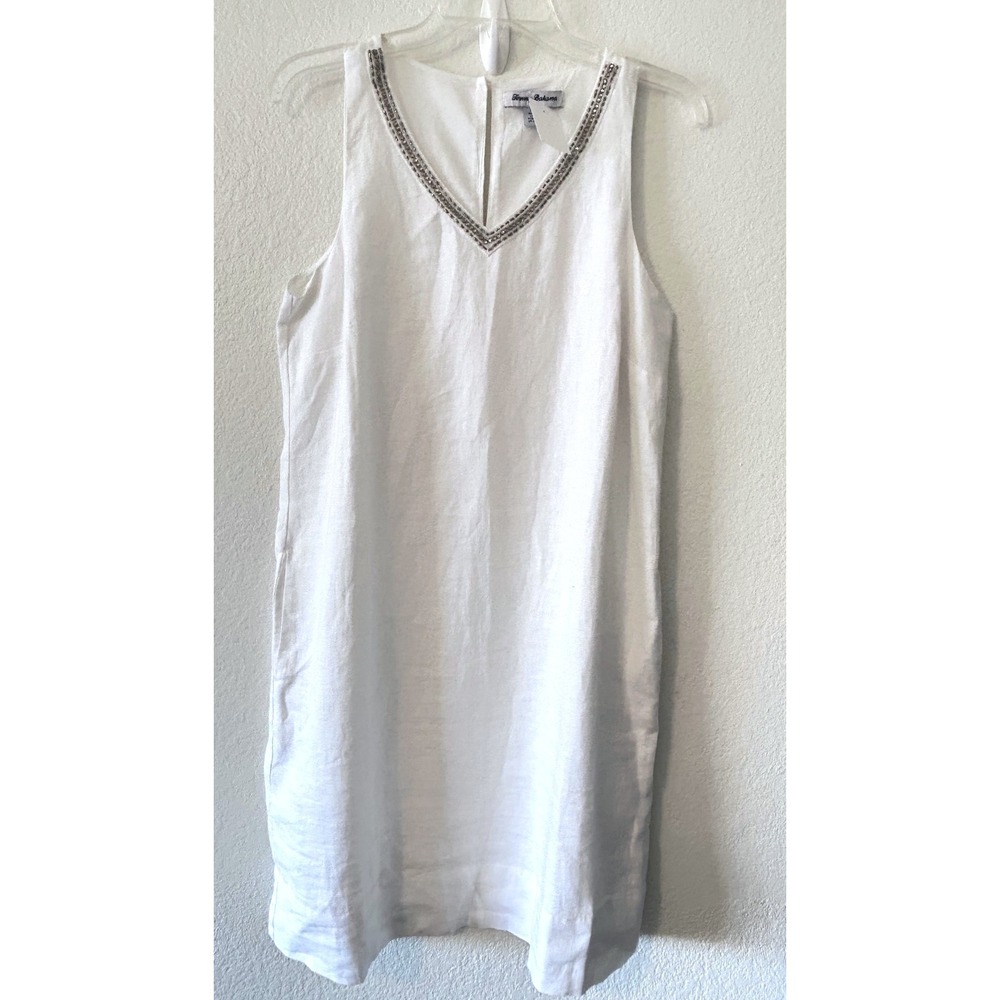 Tommy Bahama White Linen Classic Resortwear Beaded V-Neck Shift Dress SZ S‎